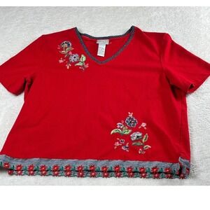 Napa Valley Embroidered Floral Top V-Neck Short Sleeve Red Women's Grannycore XL